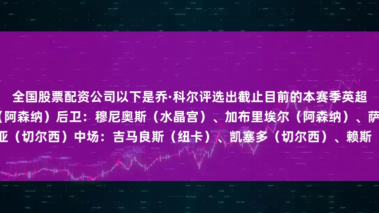 全国股票配资公司以下是乔·科尔评选出截止目前的本赛季英超最佳阵容：门将：大卫·拉亚（阿森纳）后卫：穆尼奥斯（水晶宫）、加布里埃尔（阿森纳）、萨利巴（阿森纳）、库库雷利亚（切尔西）中场：吉马良斯（纽卡）、凯塞多（切尔西）、赖斯（阿森纳）前锋：福登（曼城）、哈兰德（曼城）、塞梅尼奥（伯恩茅斯）